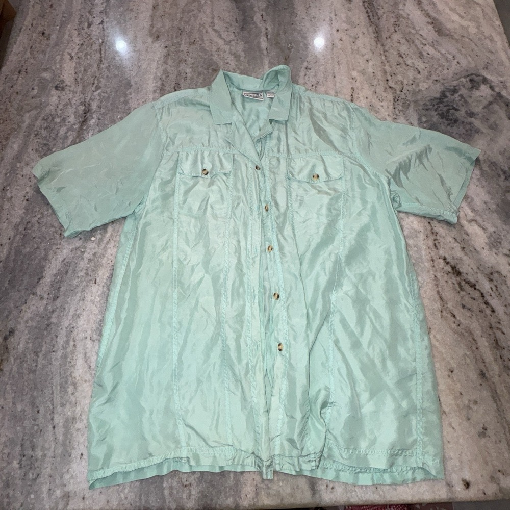 Venezia 100% Silk Size Women's XL 14/16 Aqua Blue Shirt Button Down Short Sleeve